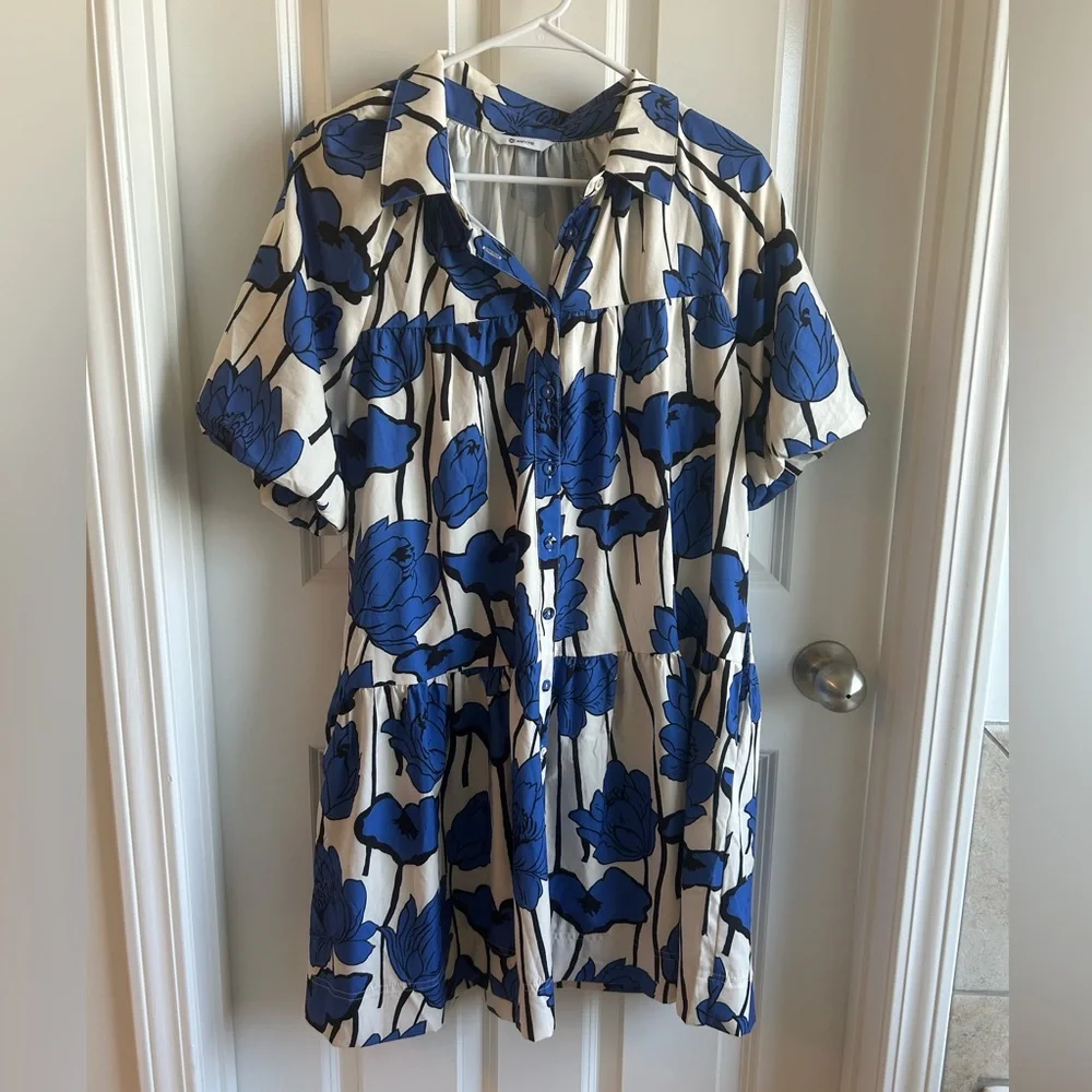 SUMMER SALE Blue Floral Button-Front Shirt Dress - Large - Picture 2 of 3